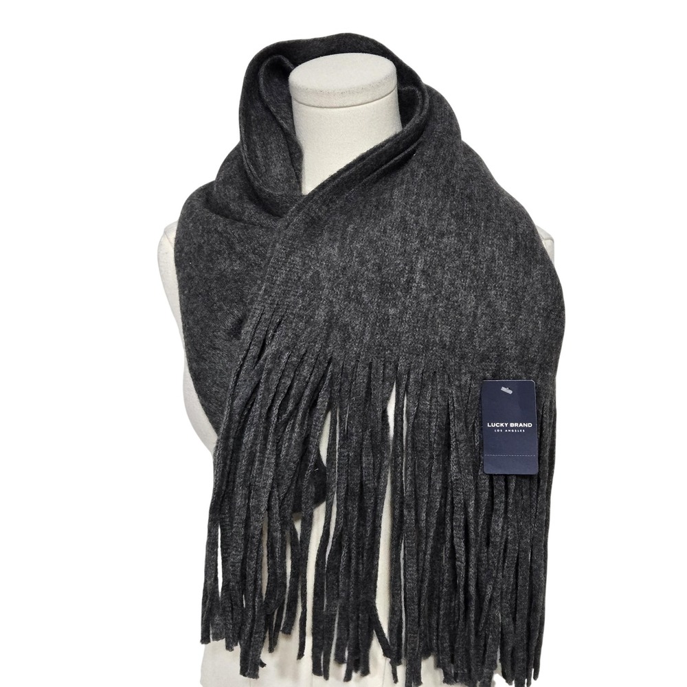Lucky Brand Scarf Womens‎ One Size Gray Knit Fringe Rectangle Wrap Winter Warm